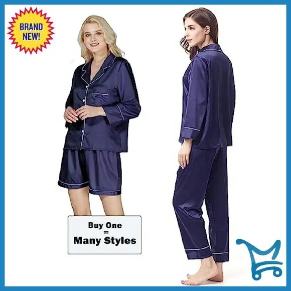 Silk Satin Pajama Set 4-Piece Long Sleeve V-Neck Lounge Sleepwear